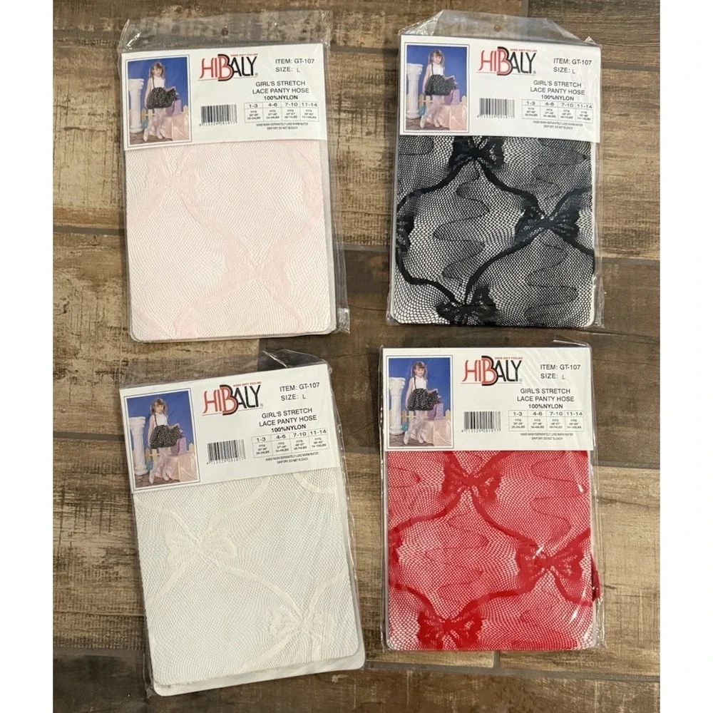 Vintage Hibaly Girl's Lace Tights Pantyhose Large Lot Of 4 Red‎ White Black Pink